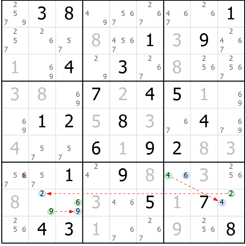 Position des candidats pour la solution de la Gr 58 page 61 du magazine de sudoku Maestro n° 085
