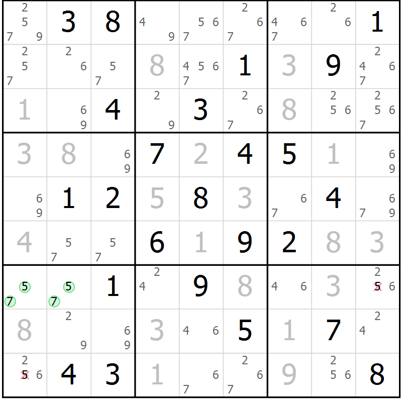 Position des candidats pour la solution de la Gr 58 page 61 du magazine de sudoku Maestro n° 085