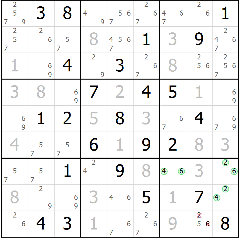Position des candidats pour la solution de la Gr 58 page 61 du magazine de sudoku Maestro n° 085