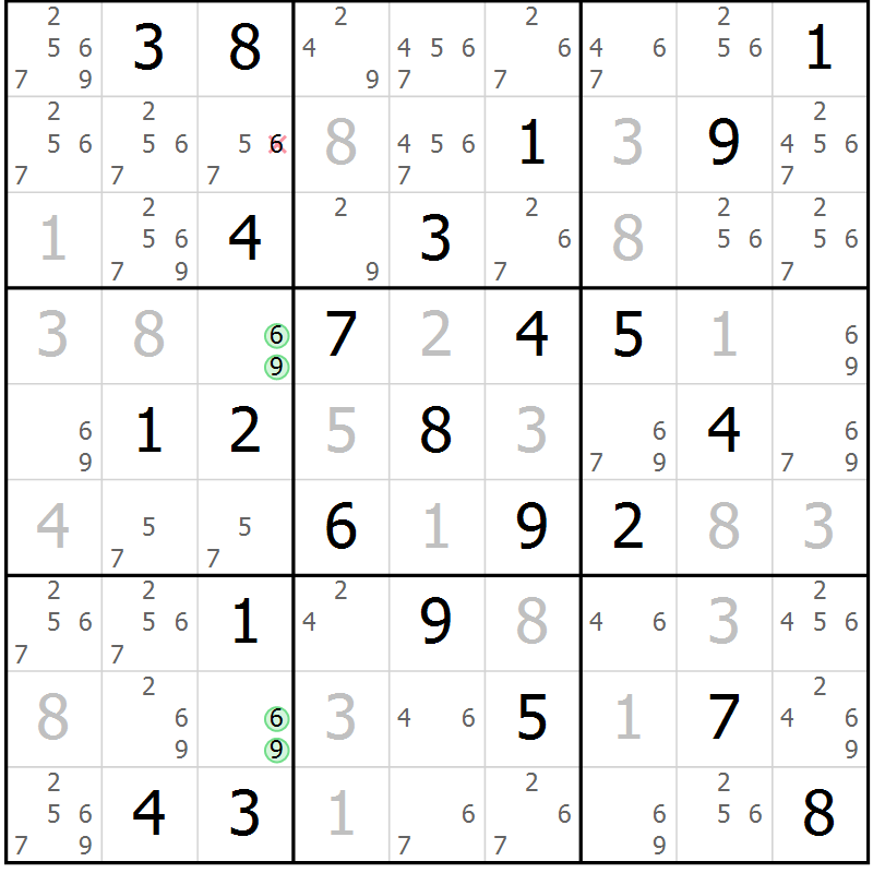 Position des candidats pour la solution de la Gr 58 page 61 du magazine de sudoku Maestro n° 085