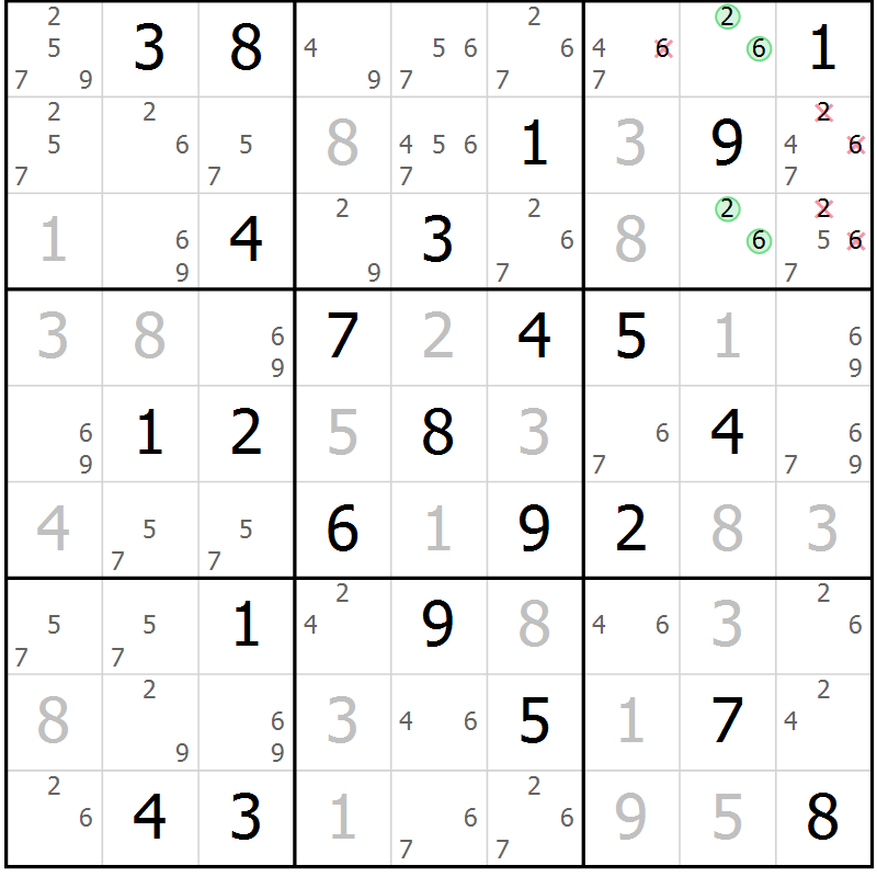 Position des candidats pour la solution de la Gr 58 page 61 du magazine de sudoku Maestro n° 085