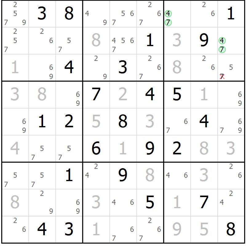 Position des candidats pour la solution de la Gr 58 page 61 du magazine de sudoku Maestro n° 085