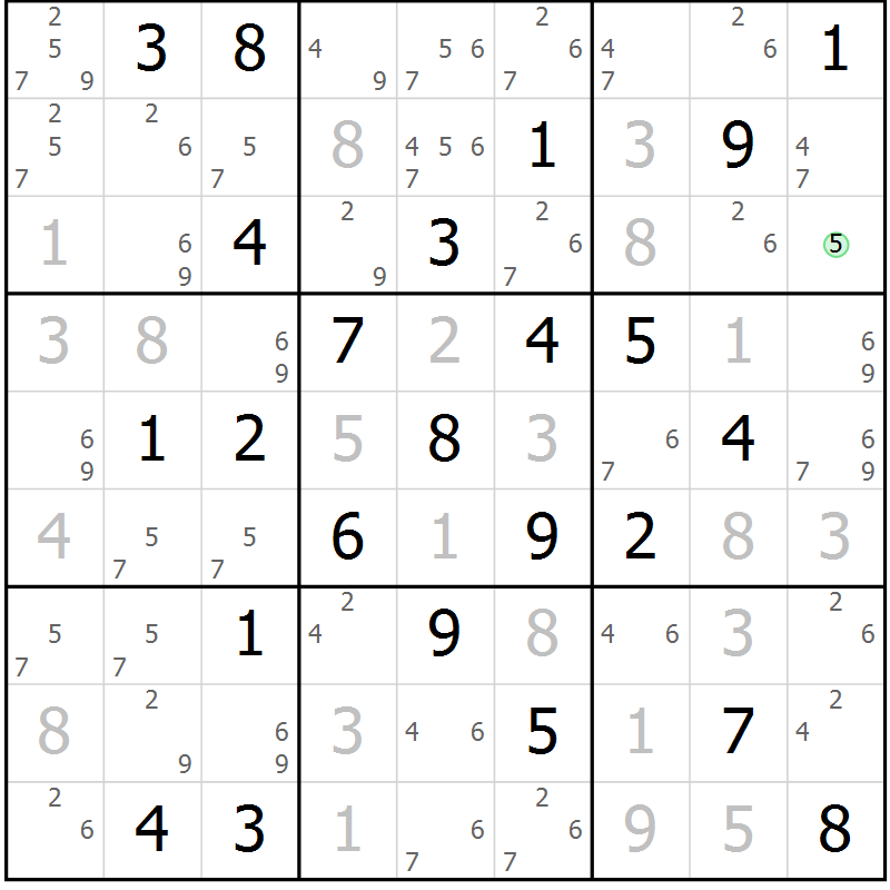 Position des candidats pour la solution de la Gr 58 page 61 du magazine de sudoku Maestro n° 085