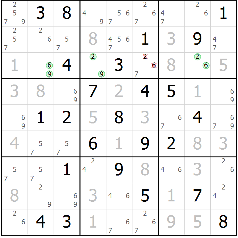 Position des candidats pour la solution de la Gr 58 page 61 du magazine de sudoku Maestro n° 085