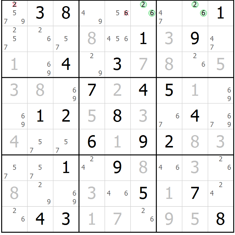 Position des candidats pour la solution de la Gr 58 page 61 du magazine de sudoku Maestro n° 085