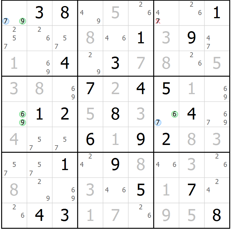 Position des candidats pour la solution de la Gr 58 page 61 du magazine de sudoku Maestro n° 085