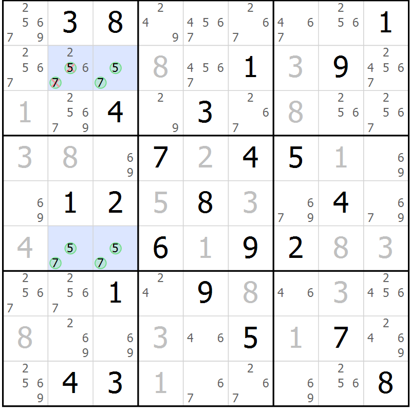 Position des candidats pour la solution de la Gr 58 page 61 du magazine de sudoku Maestro n° 085