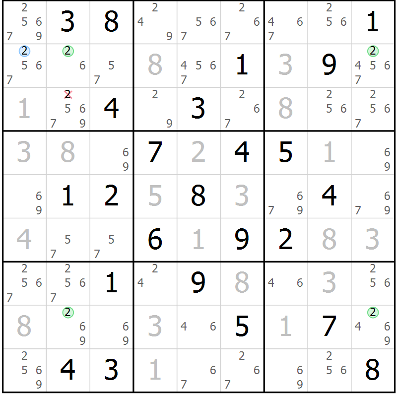 Position des candidats pour la solution de la Gr 58 page 61 du magazine de sudoku Maestro n° 085