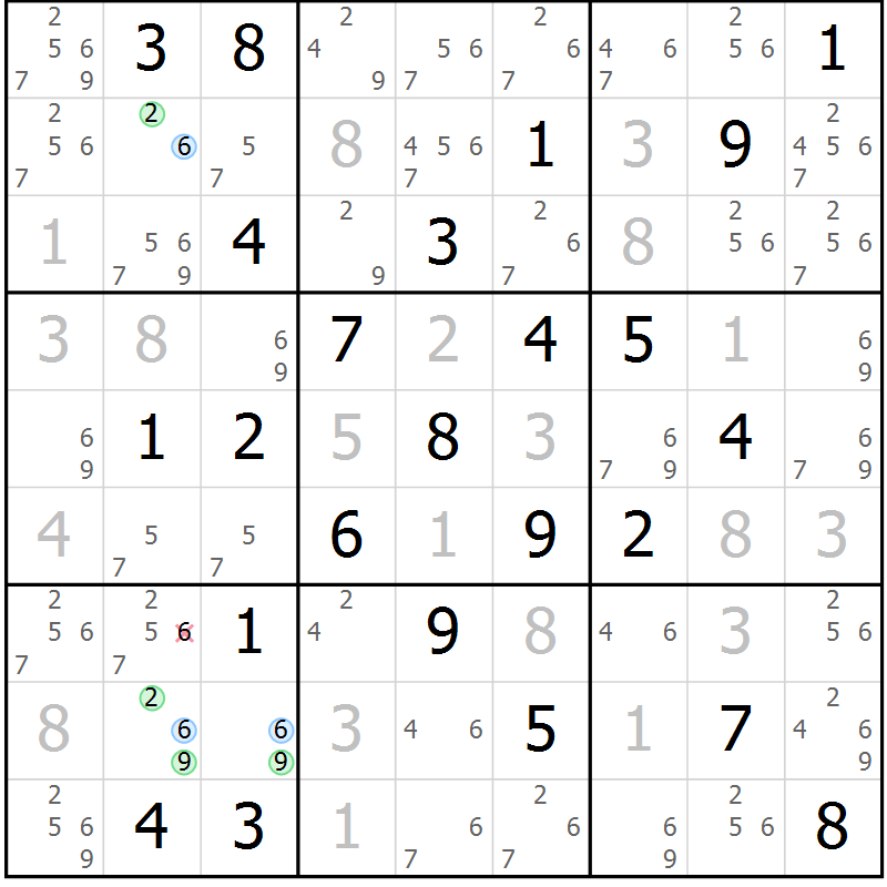 Position des candidats pour la solution de la Gr 58 page 61 du magazine de sudoku Maestro n° 085