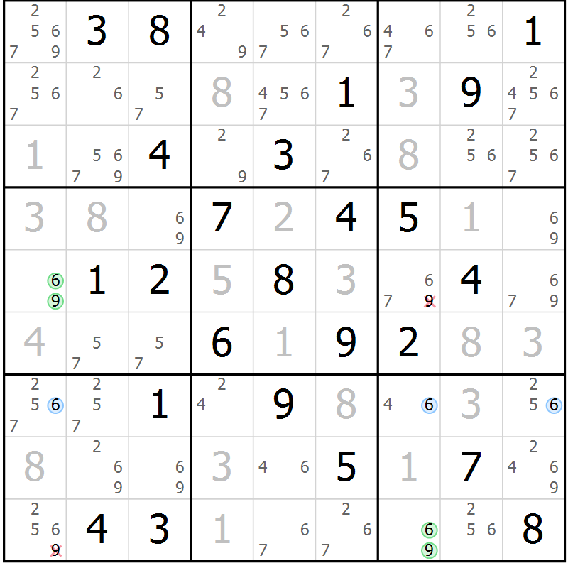 Position des candidats pour la solution de la Gr 58 page 61 du magazine de sudoku Maestro n° 085