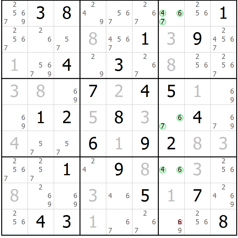 Position des candidats pour la solution de la Gr 58 page 61 du magazine de sudoku Maestro n° 085