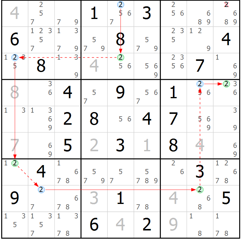 Position des candidats pour la solution de la Gr 59 page 62 du magazine de sudoku Maestro n° 085
