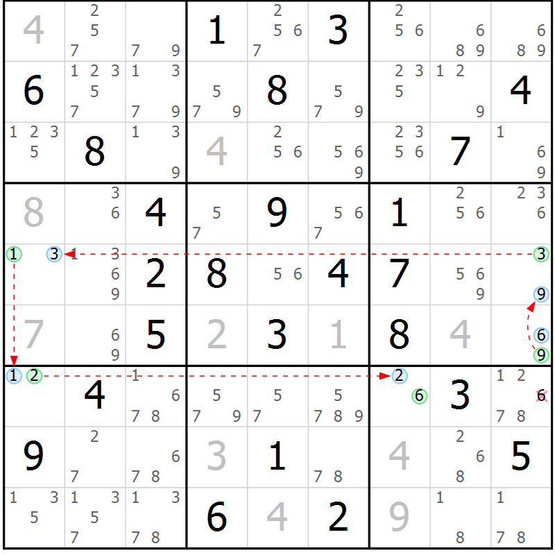 Position des candidats pour la solution de la Gr 59 page 62 du magazine de sudoku Maestro n° 085