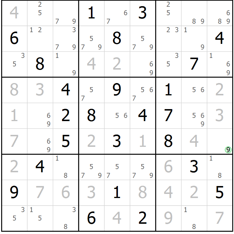 Position des candidats pour la solution de la Gr 59 page 62 du magazine de sudoku Maestro n° 085