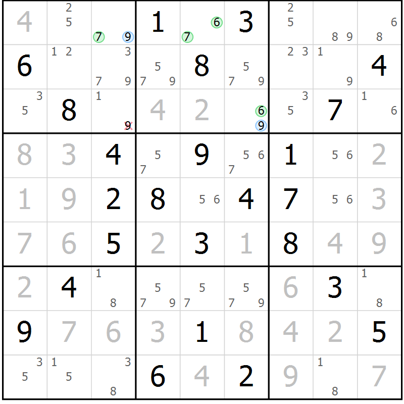Position des candidats pour la solution de la Gr 59 page 62 du magazine de sudoku Maestro n° 085