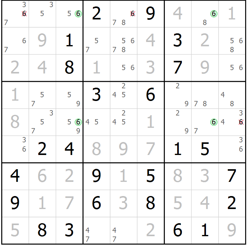 Position des candidats pour la solution de la Gr 6 page 9 du magazine de sudoku Maestro n° 085