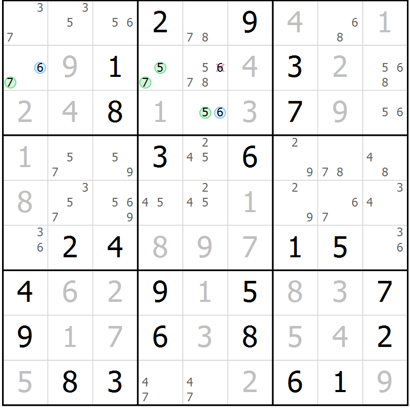 Position des candidats pour la solution de la Gr 6 page 9 du magazine de sudoku Maestro n° 085