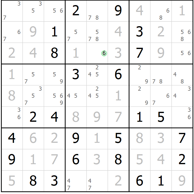 Position des candidats pour la solution de la Gr 6 page 9 du magazine de sudoku Maestro n° 085