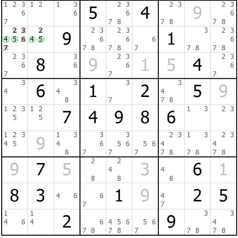 Position des candidats pour la solution de la Gr 60 page 63 du magazine de sudoku Maestro n° 085