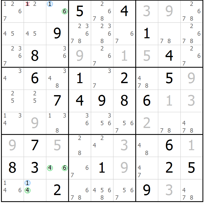 Position des candidats pour la solution de la Gr 60 page 63 du magazine de sudoku Maestro n° 085
