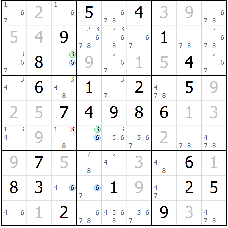 Position des candidats pour la solution de la Gr 60 page 63 du magazine de sudoku Maestro n° 085