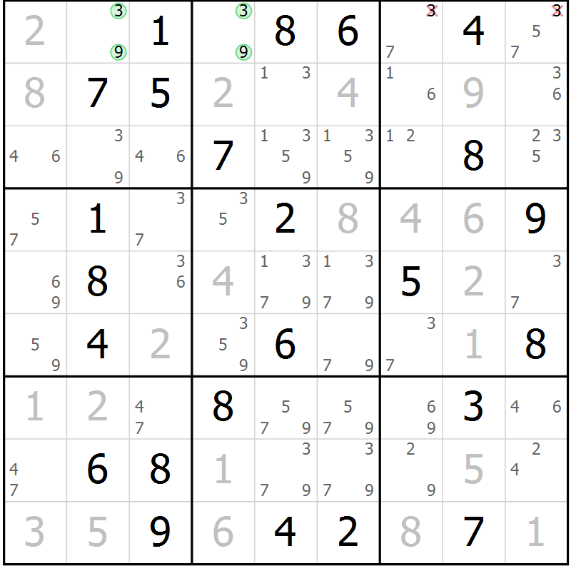 Position des candidats pour la solution de la Gr 61 page 64 du magazine de sudoku Maestro n° 085