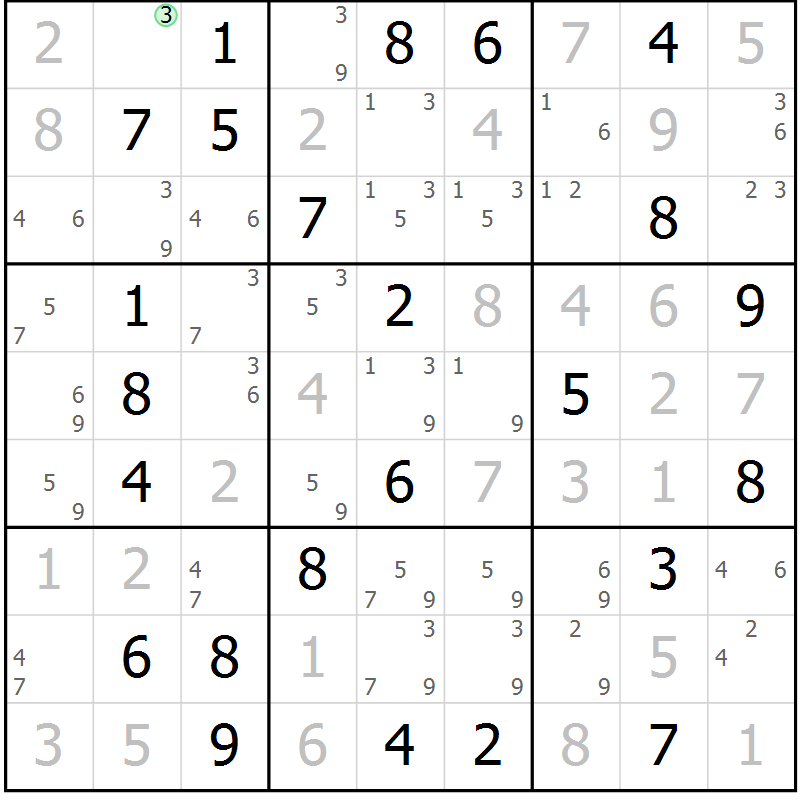 Position des candidats pour la solution de la Gr 61 page 64 du magazine de sudoku Maestro n° 085