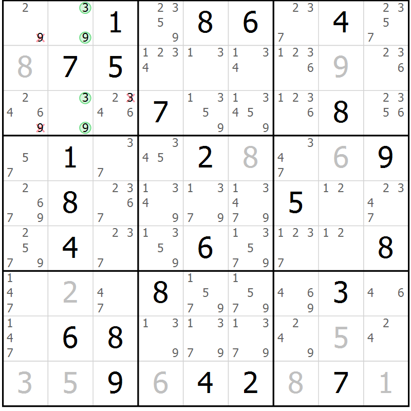 Position des candidats pour la solution de la Gr 61 page 64 du magazine de sudoku Maestro n° 085