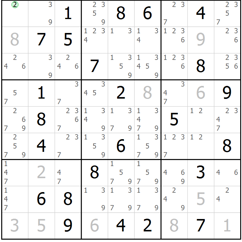 Position des candidats pour la solution de la Gr 61 page 64 du magazine de sudoku Maestro n° 085