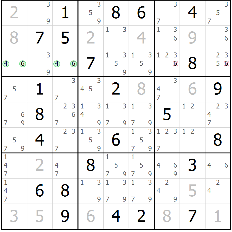 Position des candidats pour la solution de la Gr 61 page 64 du magazine de sudoku Maestro n° 085