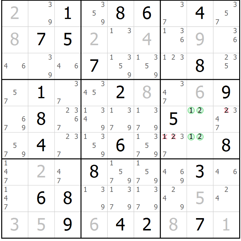 Position des candidats pour la solution de la Gr 61 page 64 du magazine de sudoku Maestro n° 085