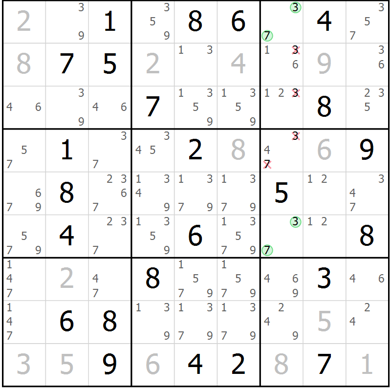 Position des candidats pour la solution de la Gr 61 page 64 du magazine de sudoku Maestro n° 085