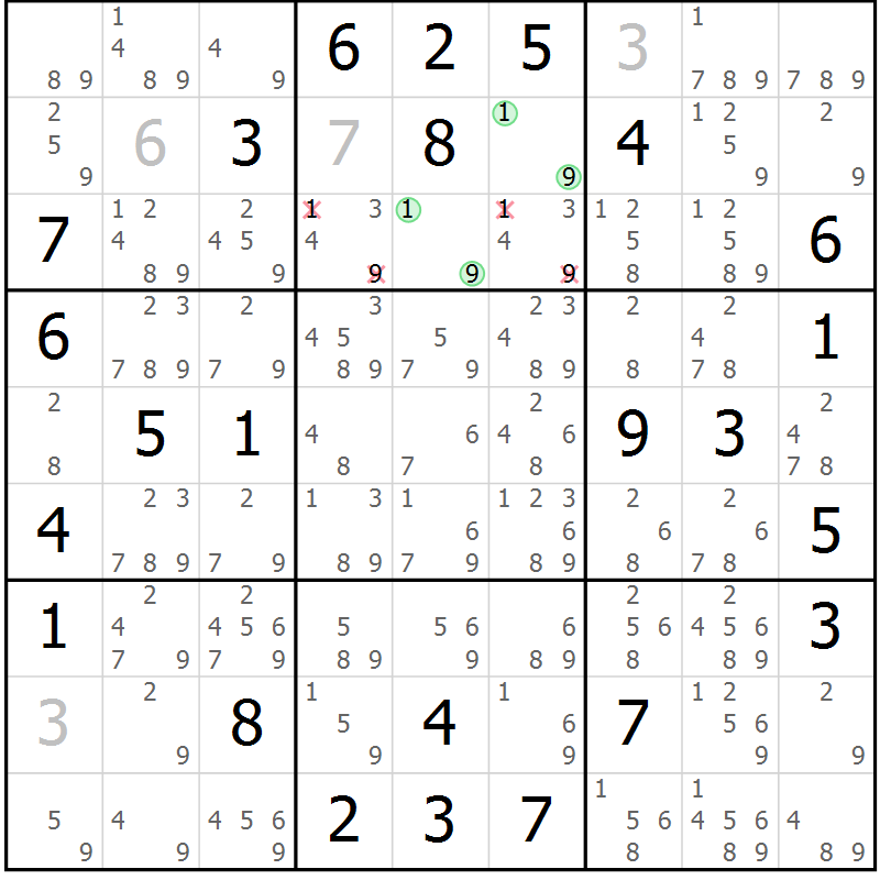 Position des candidats pour la solution de la Gr 62 page 65 du magazine de sudoku Maestro n° 085
