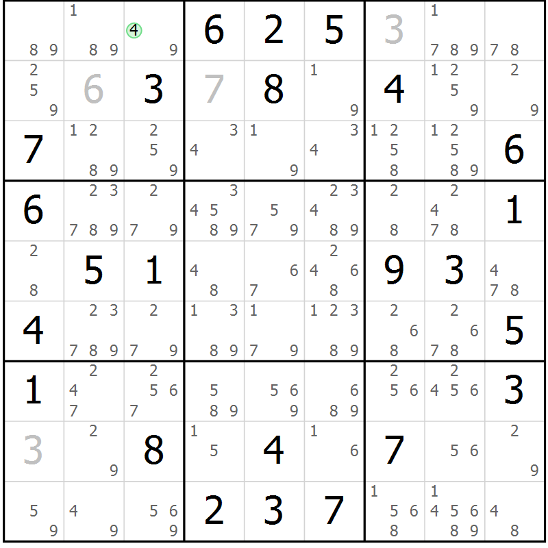 Position des candidats pour la solution de la Gr 62 page 65 du magazine de sudoku Maestro n° 085