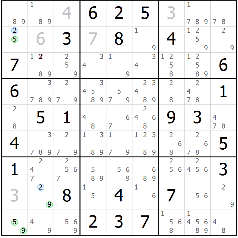 Position des candidats pour la solution de la Gr 62 page 65 du magazine de sudoku Maestro n° 085