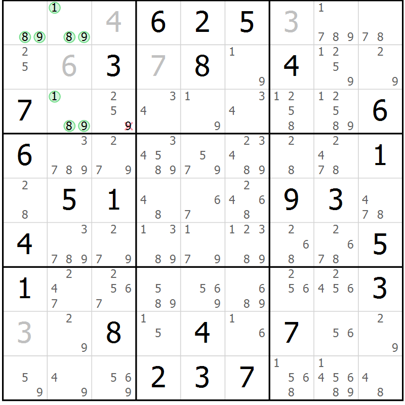 Position des candidats pour la solution de la Gr 62 page 65 du magazine de sudoku Maestro n° 085