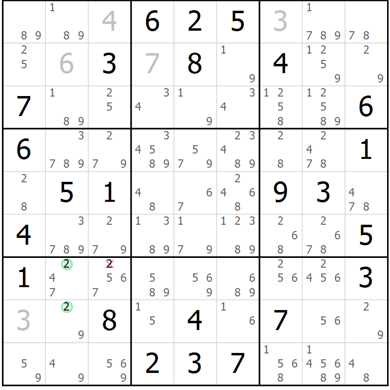 Position des candidats pour la solution de la Gr 62 page 65 du magazine de sudoku Maestro n° 085