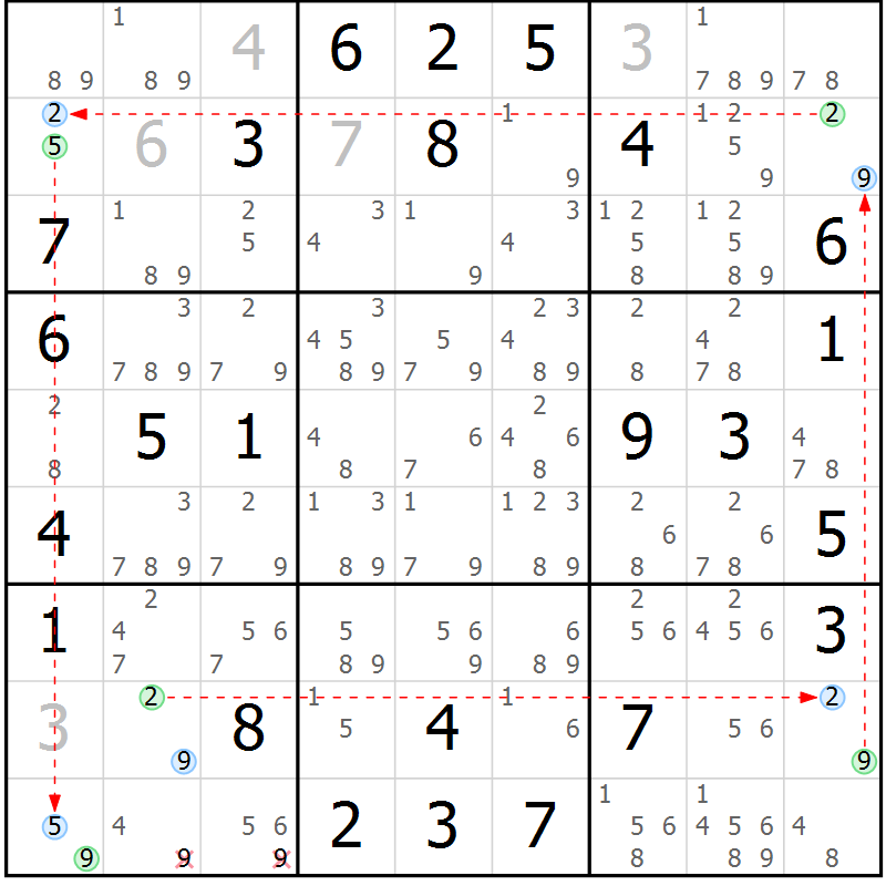 Position des candidats pour la solution de la Gr 62 page 65 du magazine de sudoku Maestro n° 085
