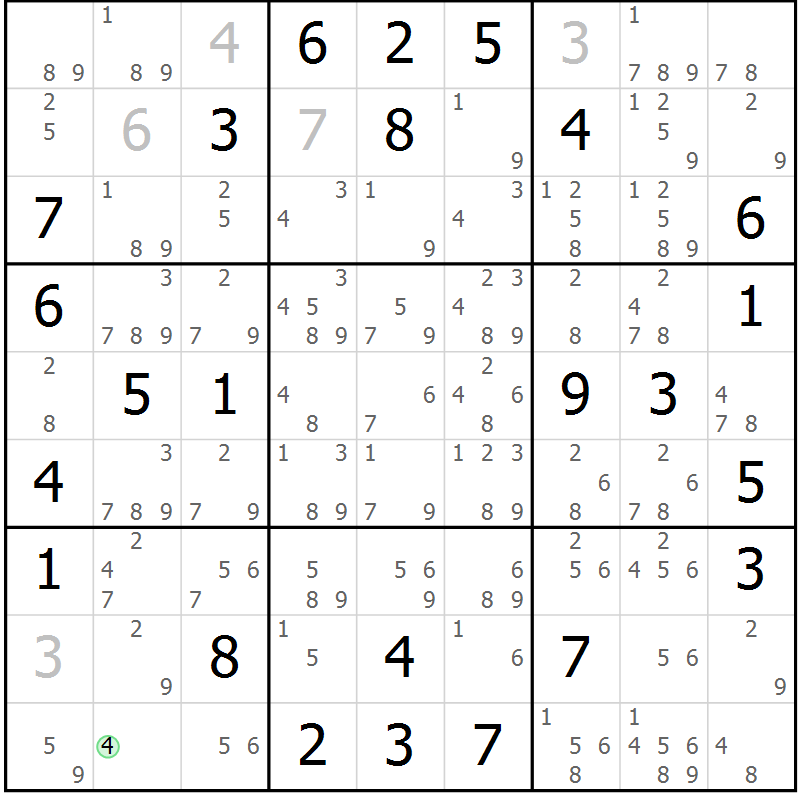 Position des candidats pour la solution de la Gr 62 page 65 du magazine de sudoku Maestro n° 085
