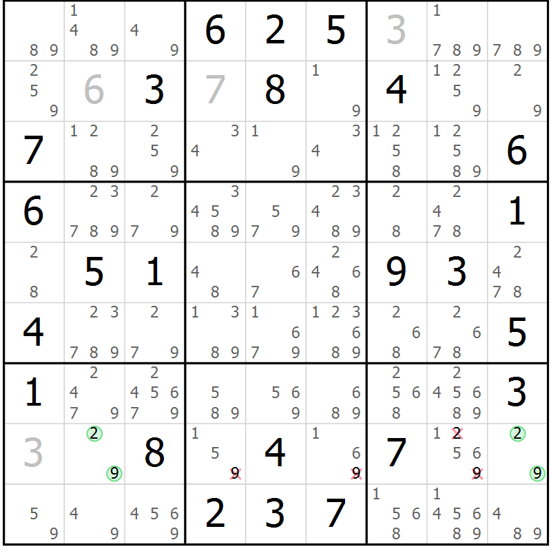 Position des candidats pour la solution de la Gr 62 page 65 du magazine de sudoku Maestro n° 085