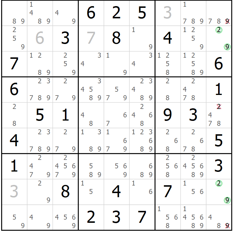 Position des candidats pour la solution de la Gr 62 page 65 du magazine de sudoku Maestro n° 085