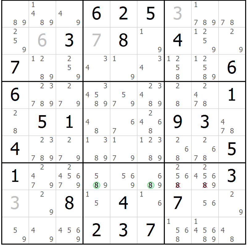 Position des candidats pour la solution de la Gr 62 page 65 du magazine de sudoku Maestro n° 085