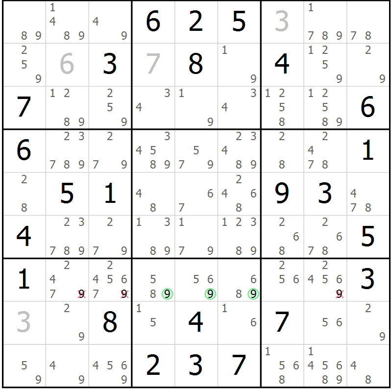 Position des candidats pour la solution de la Gr 62 page 65 du magazine de sudoku Maestro n° 085