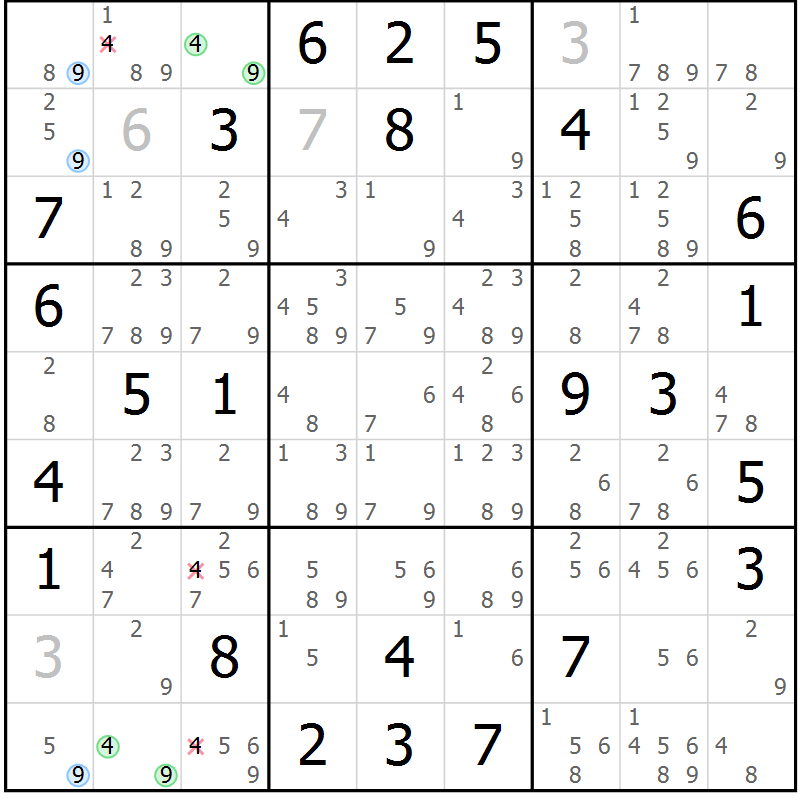 Position des candidats pour la solution de la Gr 62 page 65 du magazine de sudoku Maestro n° 085