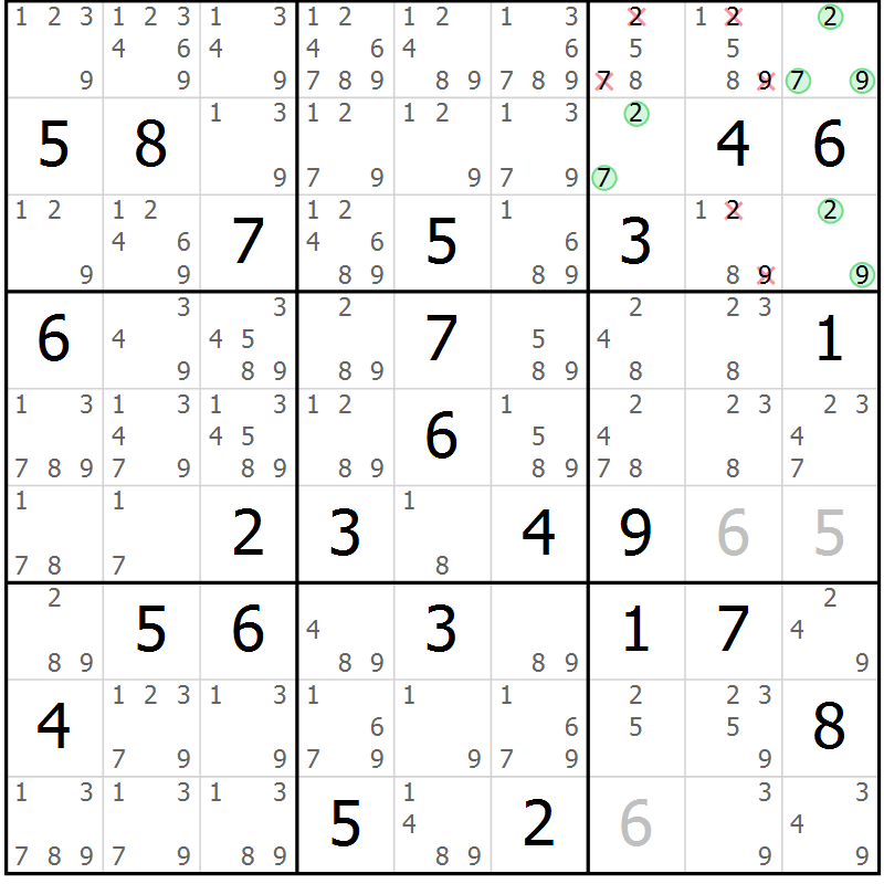 Position des candidats pour la solution de la Gr 63 page 66 du magazine de sudoku Maestro n° 085