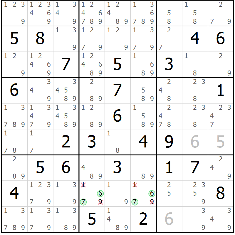 Position des candidats pour la solution de la Gr 63 page 66 du magazine de sudoku Maestro n° 085