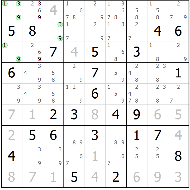 Position des candidats pour la solution de la Gr 63 page 66 du magazine de sudoku Maestro n° 085