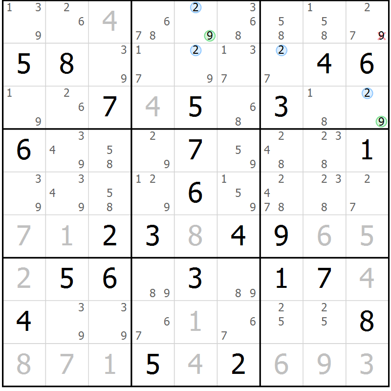 Position des candidats pour la solution de la Gr 63 page 66 du magazine de sudoku Maestro n° 085