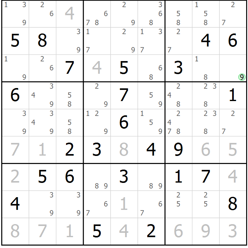 Position des candidats pour la solution de la Gr 63 page 66 du magazine de sudoku Maestro n° 085