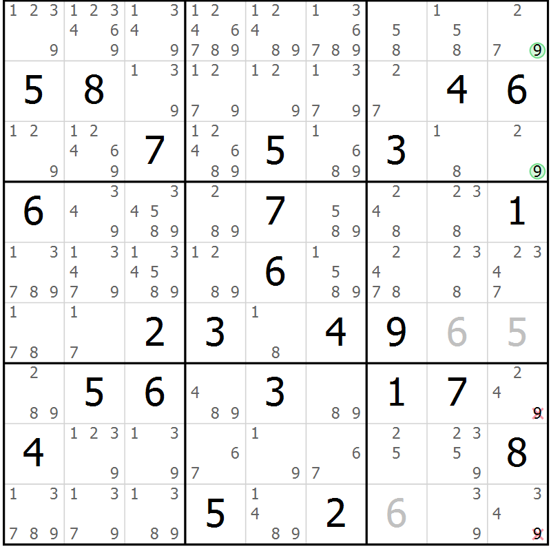 Position des candidats pour la solution de la Gr 63 page 66 du magazine de sudoku Maestro n° 085
